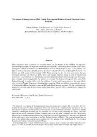 The Impact of Immigration on Child Health: Experimental Evidence from a Migration Lottery Program1