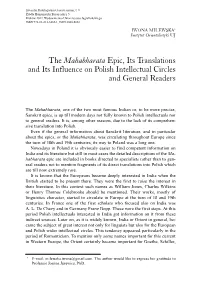 The Mahabharata Epic, Its Translations and Its Influence on Polish Intellectual Circles and General Readers