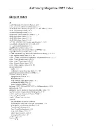 Astronomy Magazine 2012 Index Subject Index