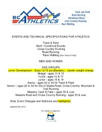 Events and Technical Specifications for Athletics