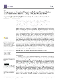 Comparison of Selection Signatures Between Korean Native and Commercial Chickens Using 600K SNP Array Data