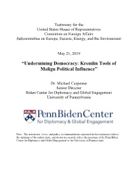 “Undermining Democracy: Kremlin Tools of Malign Political Influence”