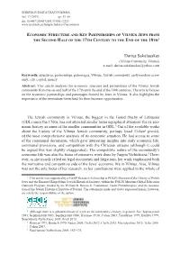 Economic Structure and Key Partnerships of Vilnius Jews from the Second Half of the 17Th Century to the End of the 18Th1