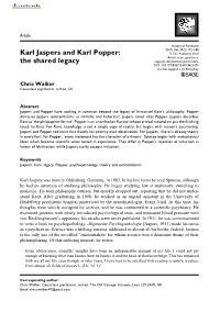 Karl Jaspers and Karl Popper: the Shared Legacy