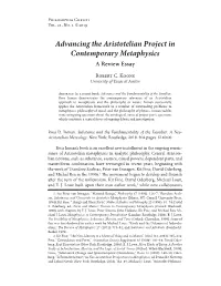 Advancing the Aristotelian Project in Contemporary Metaphysics a Review Essay