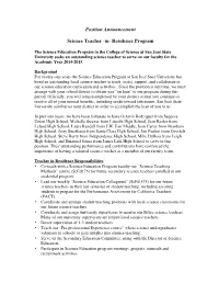 Position Announcement Science Teacher -In- Residence Program