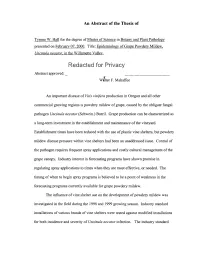 Epidemiology of Grape Powdery Mildew, Uncinula Necator, in the Willamette Valley