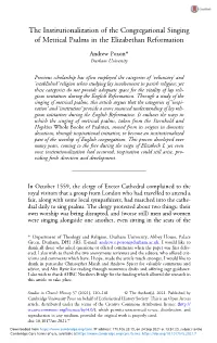 The Institutionalization of the Congregational Singing of Metrical Psalms in the Elizabethan Reformation