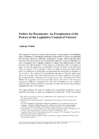 Orders for Documents: an Examination of the Powers of the Legislative Council of Victoria