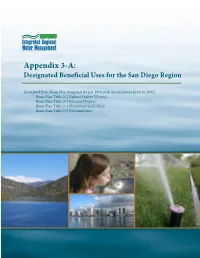 Appendix 3-A: Designated Beneficial Uses for the San Diego Region