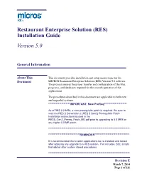 Restaurant Enterprise Solution (RES) Installation Guide Version 5.0