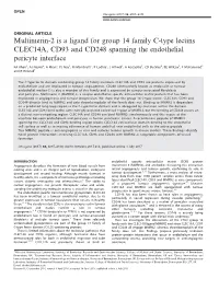 Multimerin-2 Is a Ligand for Group 14 Family C-Type Lectins CLEC14A, CD93 and CD248 Spanning the Endothelial Pericyte Interface