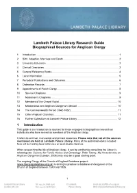 Lambeth Palace Library Research Guide Biographical Sources for Anglican Clergy