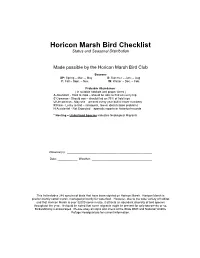 Horicon Marsh Bird Checklist Status and Seasonal Distribution