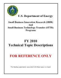 FY 2010 Technical Topic Descriptions for REFERENCE ONLY