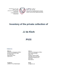 Inventory of the Private Collection of JJ De Klerk PV35