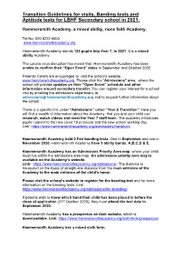 Transition Guidelines for Visits, Banding Tests and Aptitude Tests for LBHF Secondary School in 2021