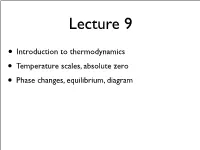 • Introduction to Thermodynamics • Temperature Scales, Absolute Zero • Phase Changes, Equilibrium, Diagram Interlude