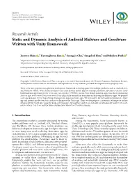 Research Article Static and Dynamic Analysis of Android Malware and Goodware Written with Unity Framework