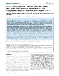 5-Aza-29-Deoxycytidine Leads to Reduced Embryo Implantation and Reduced Expression of DNA Methyltransferases and Essential Endometrial Genes