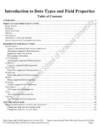 Introduction to Data Types and Field Properties Table of Contents OVERVIEW
