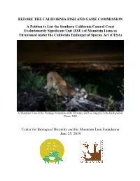Petition to List Souther Calif. and Central Coast Mountain Lions Under CESA