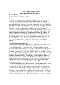 In Praise of Natural Philosophy a Revolution for Thought and Life Nicholas Maxwell to Be Published in Philosophia 40(4), 2012