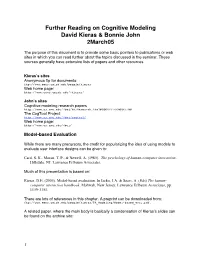 Further Reading on Cognitive Modeling David Kieras & Bonnie