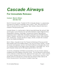 Cascade Airways for Immediate Release