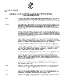 2021-2022 National Football League Important Dates – Dates Subject to Change –