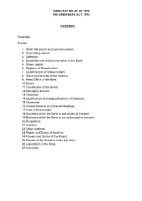 SINDH ACT NO.XII of 1995 the SINDH BANK ACT, 1995 CONTENTS Preamble Section. 1. Short Title Extent and Commencement. 2. Over-R