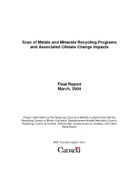 Scan of Metals and Minerals Recycling Programs and Associated Climate Change Impacts Final Report March, 2004