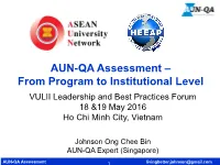 AUN-QA Assessment – from Program to Institutional Level VULII Leadership and Best Practices Forum 18 &19 May 2016 Ho Chi Minh City, Vietnam