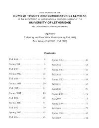 NUMBER THEORY and COMBINATORICS SEMINAR UNIVERSITY of LETHBRIDGE Contents