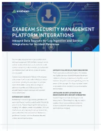 EXABEAM SECURITY MANAGEMENT PLATFORM INTEGRATIONS Inbound Data Sources for Log Ingestion and Service Integrations for Incident Response