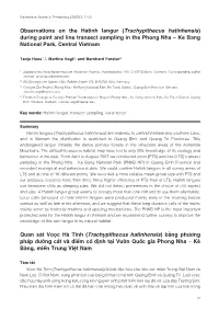 Observations on the Hatinh Langur (Trachypithecus Hatinhensis) During Point and Line Transect Sampling in the Phong Nha – Ke Bang National Park, Central Vietnam