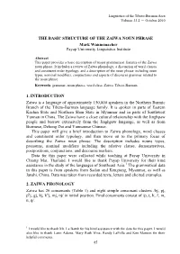 THE BASIC STRUCTURE of the ZAIWA NOUN PHRASE Mark Wannemacher Payap University Linguistics Institute 1. INTRODUCTION Zaiwa Is A