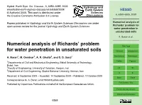 Numerical Analysis of Richards' Problem for Water Penetration In