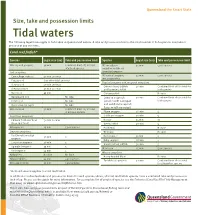 Size, Take and Possession Limits Tidal Waters the Following Legal Limits Apply to Fish Taken in Queensland Waters