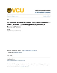 High-Pressure and High-Temperature Density Measurements of N- Pentane, N-Octane, 2,2,4-Trimethylpentane, Cyclooctane, N- Decane, and Toluene