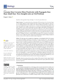 Genome Size Covaries More Positively with Propagule Size Than Adult Size: New Insights Into an Old Problem