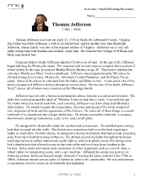 Thomas Jefferson Biography Guided Reading