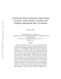 Correlations Between Planetary Transit Timing Variations, Transit Duration Variations and Brightness ﬂuctuations Due to Exomoons
