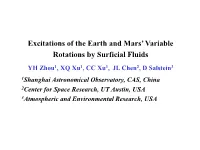 Excitations of the Earth and Mars' Variable Rotations by Surficial Fluids