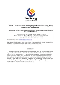 25 Kw Low-Temperature Stirling Engine for Heat Recovery, Solar, and Biomass Applications