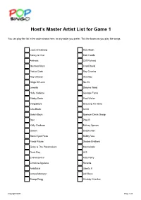 Host's Master Artist List for Game 1