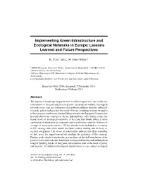 Implementing Green Infrastructure and Ecological Networks in Europe: Lessons Learned and Future Perspectives
