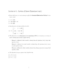 Lecture # 4 % System of Linear Equations (Cont.)