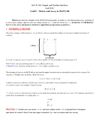 Signal and System Analysis Fall 2021 Lab#2 – Matrix and Array in MATLAB