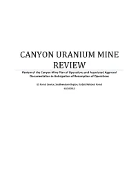 CANYON URANIUM MINE REVIEW Review of the Canyon Mine Plan of Operations and Associated Approval Documentation in Anticipation of Resumption of Operations